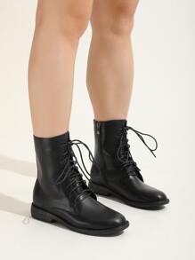 Zip Side Lace-up Front Combat Boots - Black - View 1