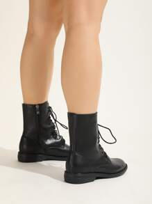 Zip Side Lace-up Front Combat Boots - Black - View 2