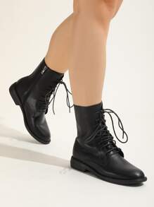 Zip Side Lace-up Front Combat Boots - Black - View 4