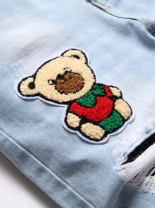 男士卡通字母拼贴破洞修身直筒牛仔裤 - 淺色水洗藍 - 查看 6