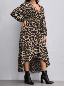 SHEIN Clasi 大碼豹紋印花交疊領連衣裙 - 彩色 - 查看 3