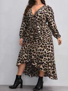 SHEIN Clasi 大碼豹紋印花交疊領連衣裙 - 彩色 - 查看 4