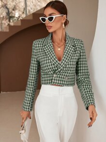 SHEIN BIZwear Houndstooth Print Double Breasted Blazer - Green - View 3