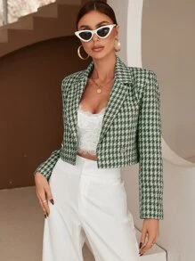 SHEIN BIZwear Houndstooth Print Double Breasted Blazer - Green - View 5