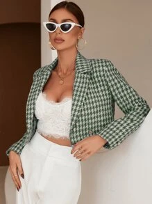 SHEIN BIZwear Houndstooth Print Double Breasted Blazer - Green - View 6