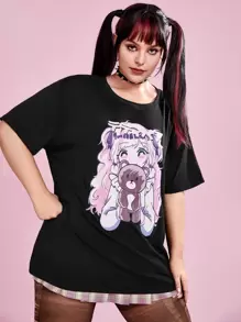 ROMWE Anime Plus Cartoon Graphic Drop Shoulder Tee - Black - View 3