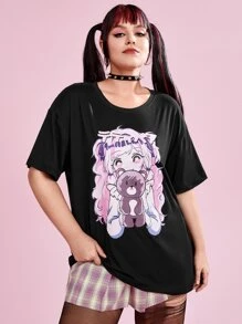ROMWE Anime Plus Cartoon Graphic Drop Shoulder Tee - Black - View 4
