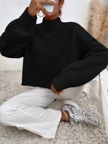 SHEIN x Carly Lawrence SHEIN Essnce Mock Neck Drop Shoulder Sweater - Black - View 1