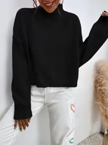 SHEIN x Carly Lawrence SHEIN Essnce Mock Neck Drop Shoulder Sweater - Black - View 3