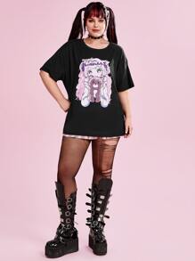 ROMWE Anime Plus Cartoon Graphic Drop Shoulder Tee - Black - View 6