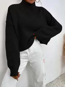 SHEIN x Carly Lawrence SHEIN Essnce Mock Neck Drop Shoulder Sweater - Black - View 6