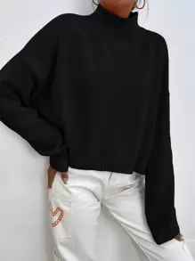 SHEIN x Carly Lawrence SHEIN Essnce Mock Neck Drop Shoulder Sweater - Black - View 7