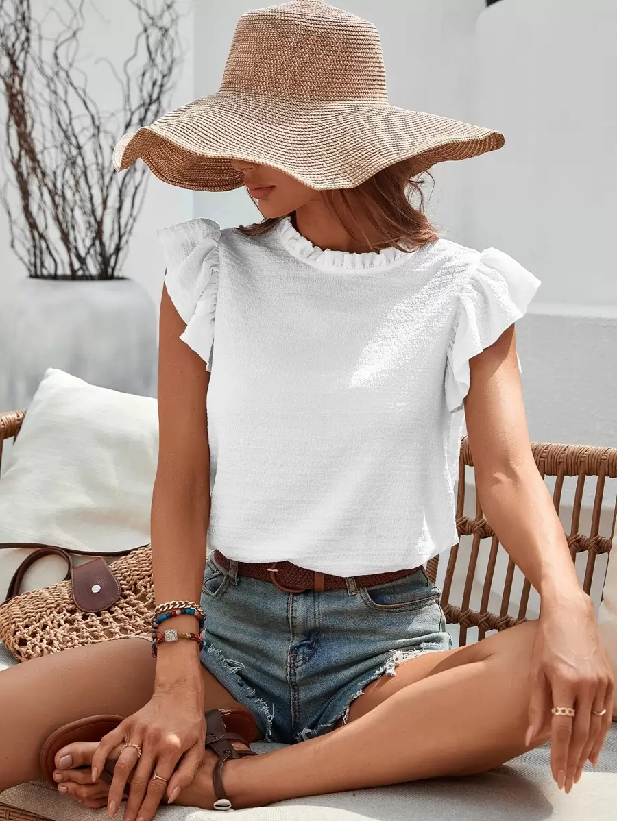 Chiquease Mock Neck Lettuce Trim Ruffle Blouse - White - View 1