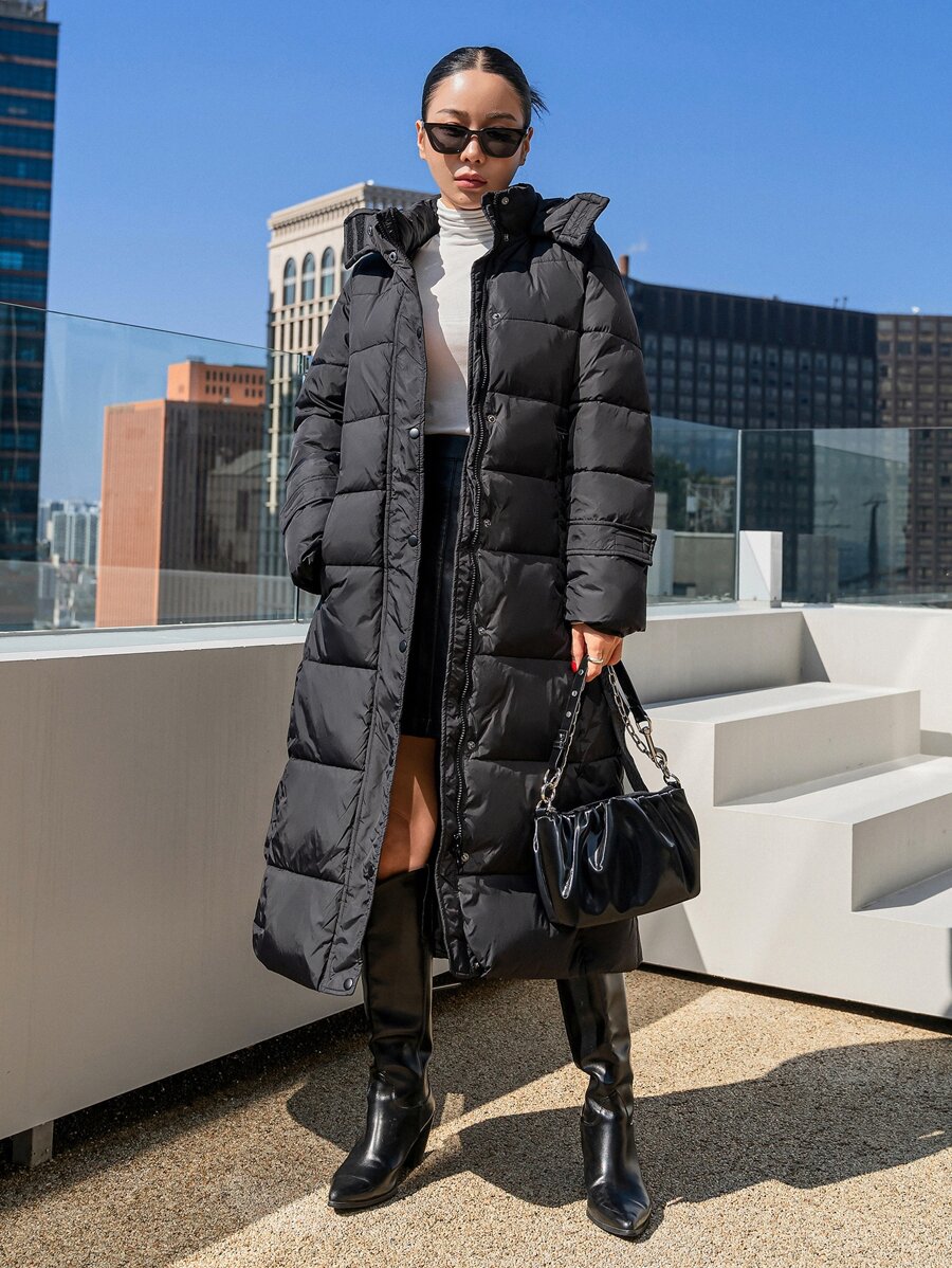 DAZY Lutande Fickor Huva Bälte Puffer Tjock Fickor Fjäderbeklädnad - Svart - Visa 1