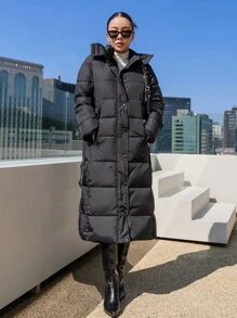 DAZY Lutande Fickor Huva Bälte Puffer Tjock Fickor Fjäderbeklädnad - Svart - Visa 4