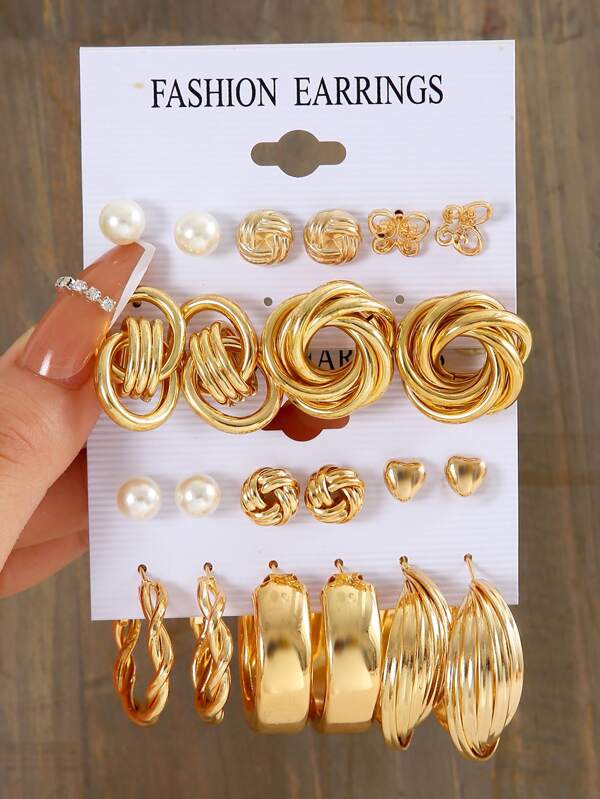 17KM 11pairs Heart & Faux Pearl Decor Earrings