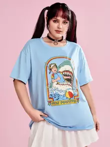Stevenrhodes Plus Cartoon Graphic Drop Shoulder Tee - Baby Blue - View 1