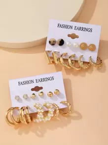 12對心型和人造珍珠裝飾耳環 - 彩色 - 查看 2