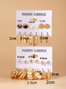 12對心型和人造珍珠裝飾耳環 - 彩色 - 查看 3