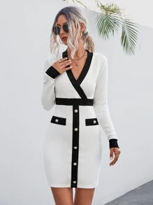 Contrast Trim Button Detail Bodycon Dress - Black and White - View 3