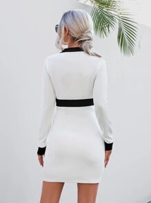 Contrast Trim Button Detail Bodycon Dress - Black and White - View 4