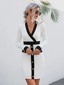 Contrast Trim Button Detail Bodycon Dress - Black and White - View 5