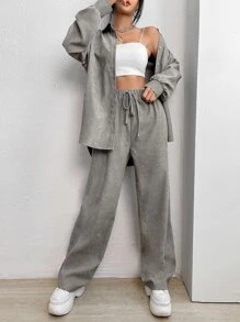 Muchica Conjunto informal de camisa de manga larga de un solo pecho y pantalones de unicolor con hombros caídos para mujer - Gris Claro - Ver 1