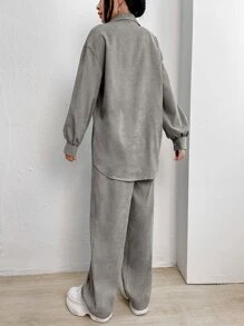 Muchica Conjunto informal de camisa de manga larga de un solo pecho y pantalones de unicolor con hombros caídos para mujer - Gris Claro - Ver 2