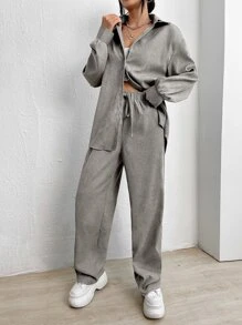 Muchica Conjunto informal de camisa de manga larga de un solo pecho y pantalones de unicolor con hombros caídos para mujer - Gris Claro - Ver 3