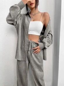 Muchica Conjunto informal de camisa de manga larga de un solo pecho y pantalones de unicolor con hombros caídos para mujer - Gris Claro - Ver 4