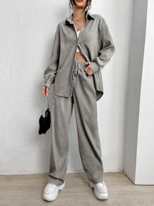 Muchica Conjunto informal de camisa de manga larga de un solo pecho y pantalones de unicolor con hombros caídos para mujer - Gris Claro - Ver 5