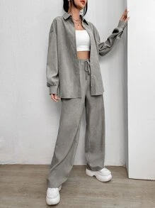 Muchica Conjunto informal de camisa de manga larga de un solo pecho y pantalones de unicolor con hombros caídos para mujer - Gris Claro - Ver 6