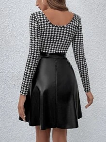 Chiquease Houndstooth Print Scoop Neck Contrast PU Dress Fall Cloth For Women - Black and White - View 2