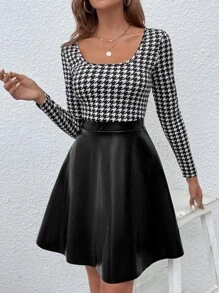 Chiquease Houndstooth Print Scoop Neck Contrast PU Dress Fall Cloth For Women - Black and White - View 4