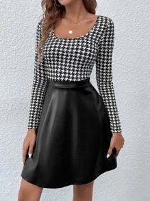 Chiquease Houndstooth Print Scoop Neck Contrast PU Dress Fall Cloth For Women - Black and White - View 5