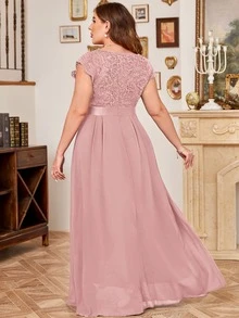 MIUSOL Plus V-Neck Floral Lace Cap Sleeve Chiffon Formal Party Dress - Pink - View 2
