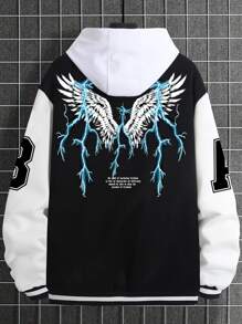 Manfinity EMRG 1pc Loose Men's Two Tone Varsity Jacket With Wing & Slogan Graphic - Black - View 1