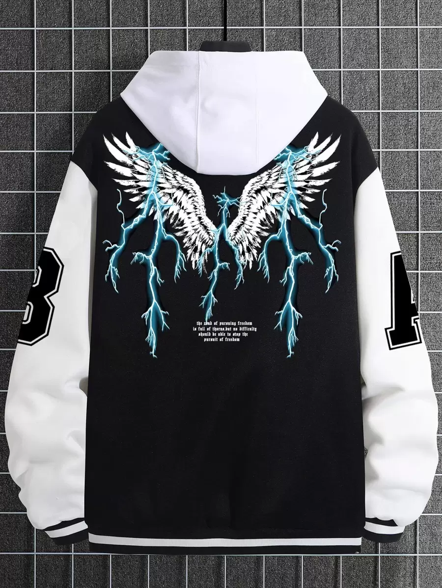 Manfinity EMRG 1pc Loose Men's Two Tone Varsity Jacket With Wing & Slogan Graphic - Black - View 1