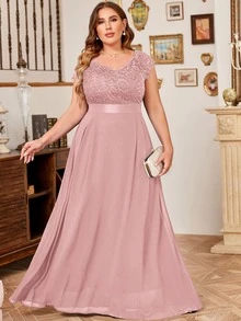 MIUSOL Plus V-Neck Floral Lace Cap Sleeve Chiffon Formal Party Dress - Pink - View 3