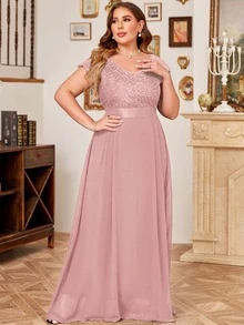 MIUSOL Plus V-Neck Floral Lace Cap Sleeve Chiffon Formal Party Dress - Pink - View 4