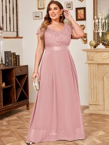MIUSOL Plus V-Neck Floral Lace Cap Sleeve Chiffon Formal Party Dress - Pink - View 5