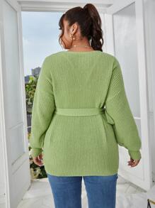 SHEIN Clasi Plus Drop Shoulder Tie Side Wrap Jumper - Lime Green - View 2