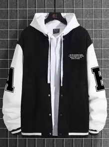 Manfinity EMRG 1pc Loose Men's Two Tone Varsity Jacket With Wing & Slogan Graphic - Black - View 2