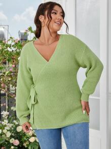 SHEIN Clasi Plus Drop Shoulder Tie Side Wrap Jumper - Lime Green - View 3