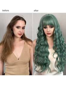 Peluca sintética extra larga rizado con tupe - Verde - Ver 3
