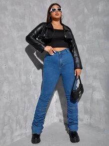 Jeans ajustados de talle alto fruncido apilado - Azul lavado medio - Ver 3