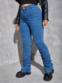 Jeans ajustados de talle alto fruncido apilado - Azul lavado medio - Ver 4