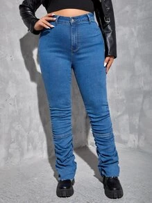 Jeans ajustados de talle alto fruncido apilado - Azul lavado medio - Ver 5