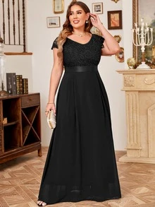 MIUSOL Plus Size V-Neck Floral Lace Short Sleeve Chiffon Formal Party Dress, Elegant Bridesmaid Dress - Black - View 3