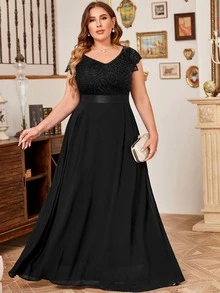 MIUSOL Plus Size V-Neck Floral Lace Short Sleeve Chiffon Formal Party Dress, Elegant Bridesmaid Dress - Black - View 4